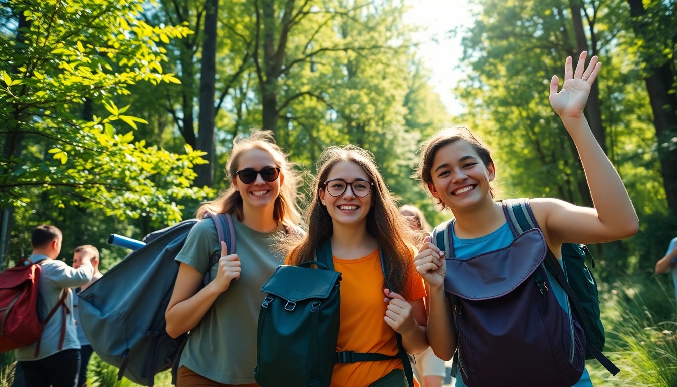 Adventurers embarking on a journey with Tropem Przygód amidst a vibrant natural landscape.