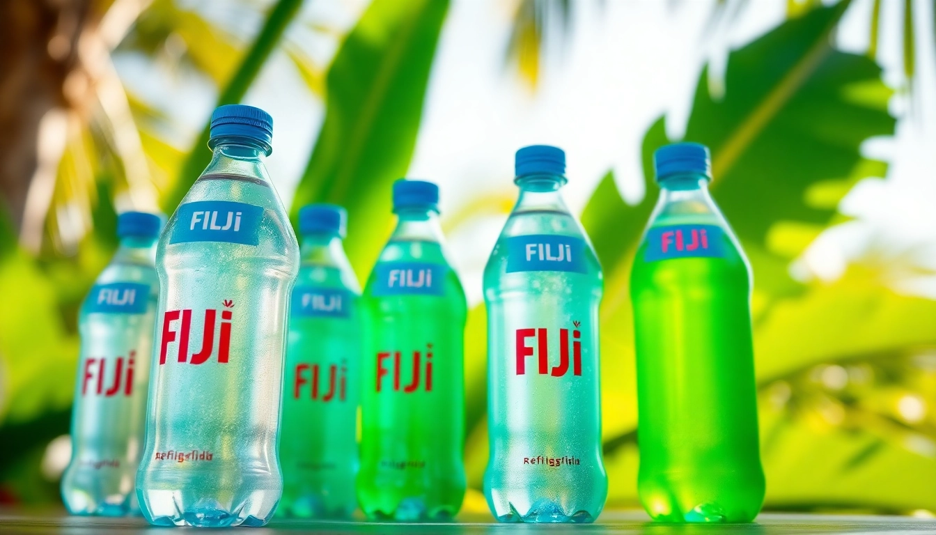 Refreshing Fiji water bottles showcasing the iconic design and mineral-rich source on a sunny table.