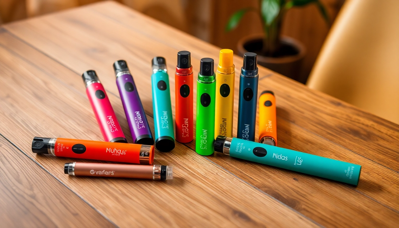 Showcase Muha Meds Disposable Cannabis Vapes arranged beautifully in vibrant colors on a wooden table.