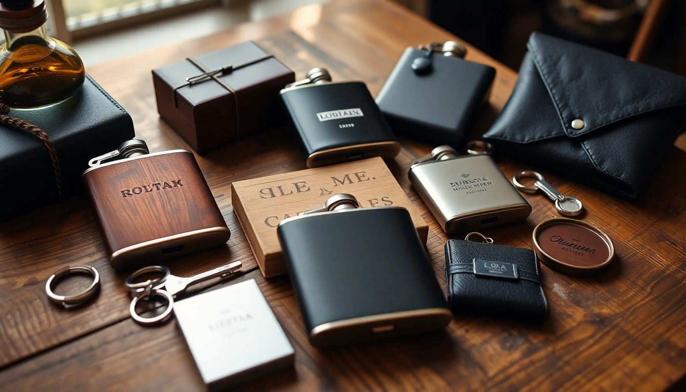 Showcase a curated selection of cheap groomsmen gifts featuring personalized flasks and keychains on a rustic table.