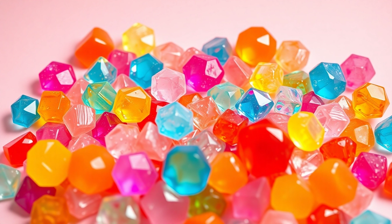 Indulge in crystal candy, a vibrant and sparkling treat showcasing various colors and gem-like shapes.