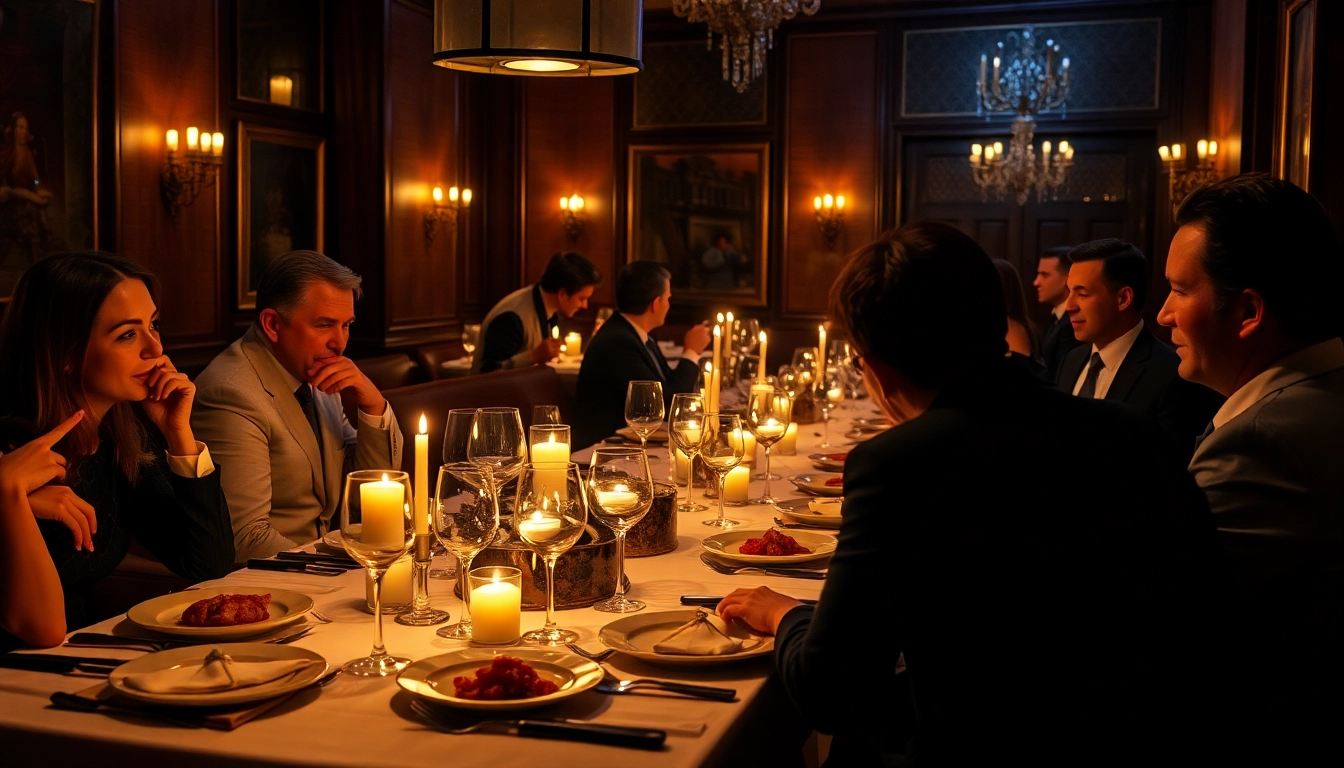 Enjoy a thrilling krimidinner berlin experience with guests immersed in a captivating mystery over a gourmet meal.