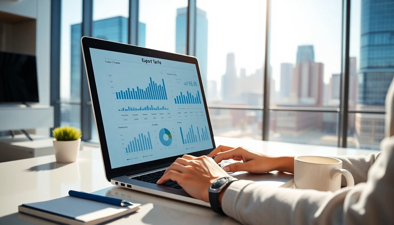 Analyzing export tariffs data in a modern office setting with urban skyline view.
