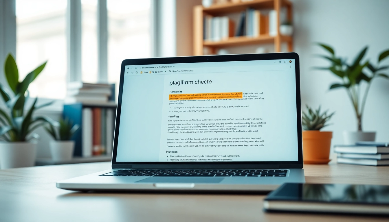 Analyze text with a plagiarism checker tool on a laptop in a modern workspace