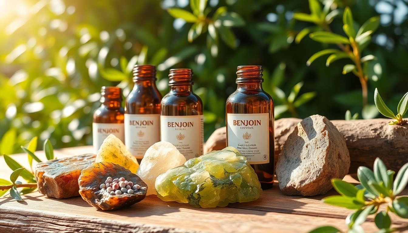 Un parfum de benjoin dans un environnement naturel avec des résines brutes et des bouteilles d'huile essentielle.