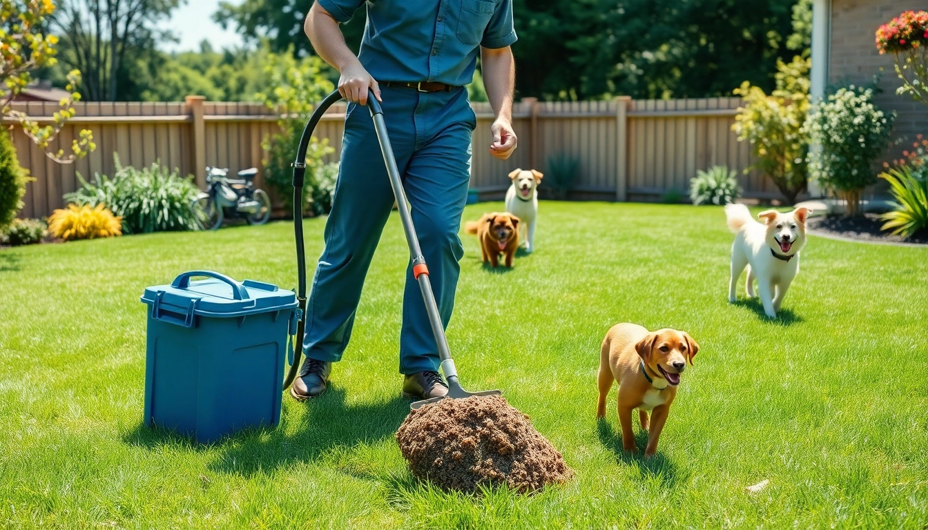 Weekly dog poop scooping service in a clean yard with friendly technicians and happy dogs playing.