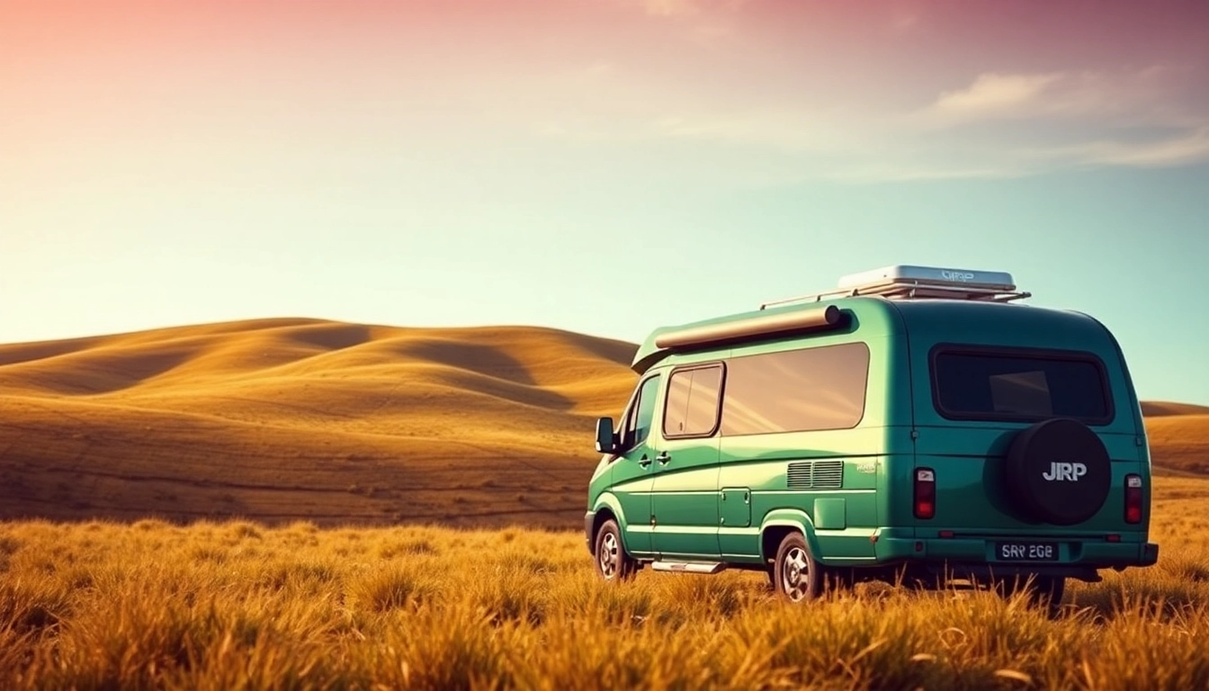 Showcasing a JRP Campers vehicle on a scenic road, symbolizing adventure and comfort.