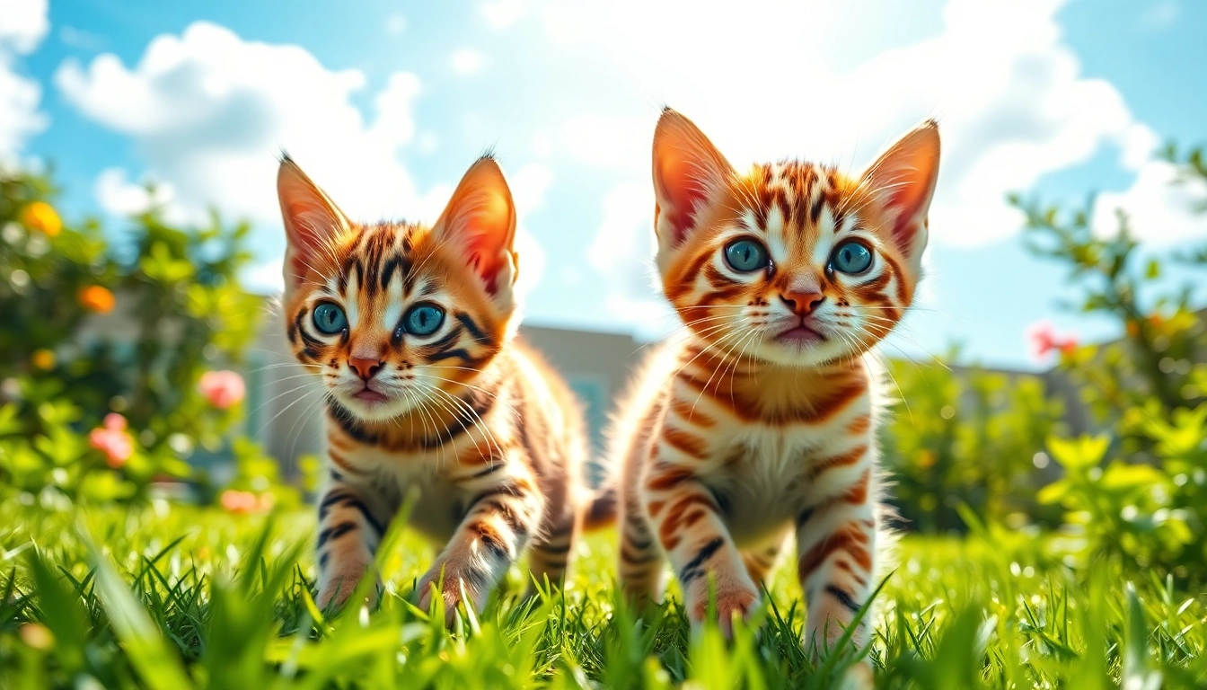 Adorable Bengal kittens from Bengal Breeders Orange County playing in a sunny garden.