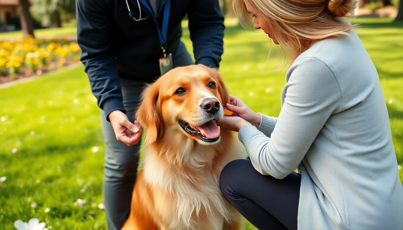 Showcasing effective Dog Training Irvine techniques, a trainer engages positively with a Golden Retriever.