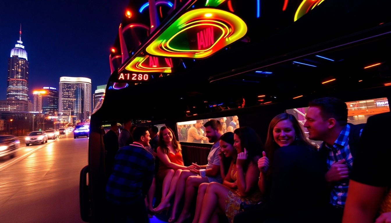 Enjoy a lively night out aboard an atlanta party bus, featuring vibrant lights and happy passengers in the city.