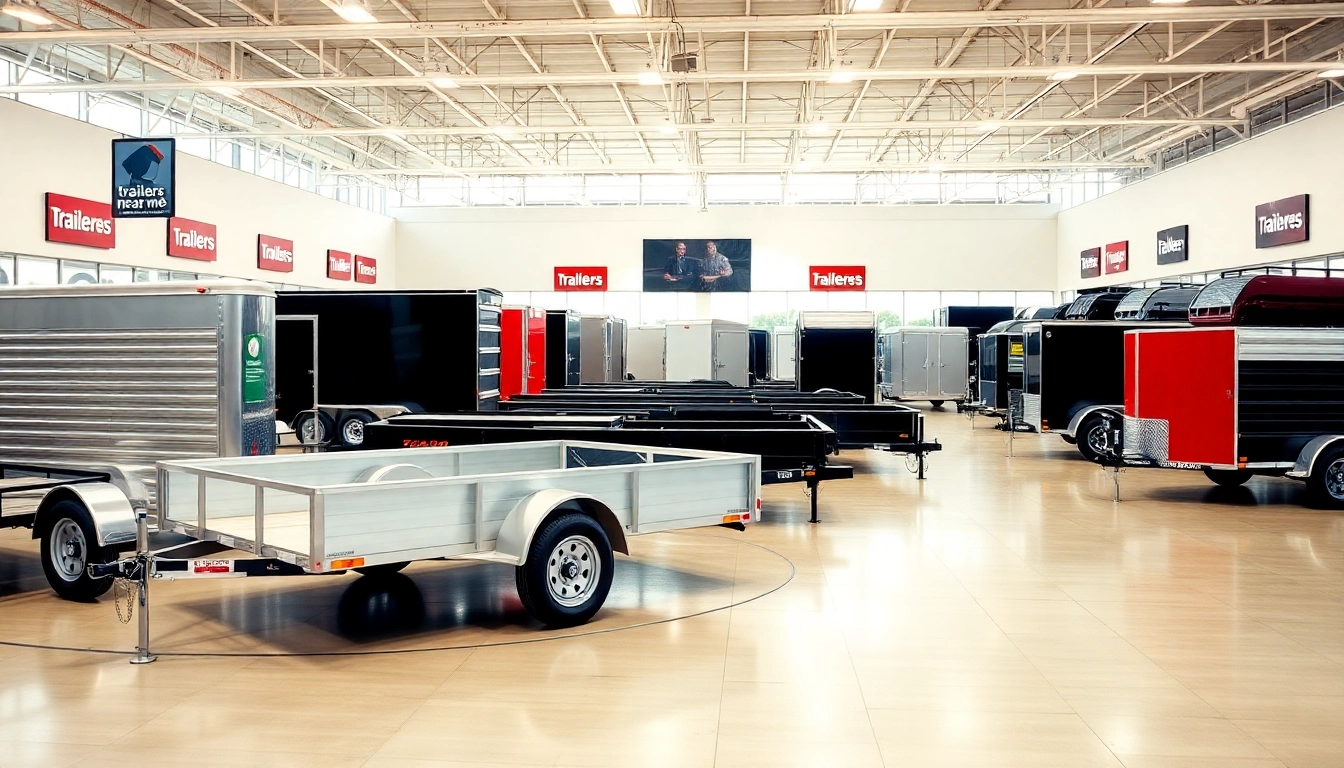 Explore a selection of trailers near me in a professional dealership showroom branding quality and variety.