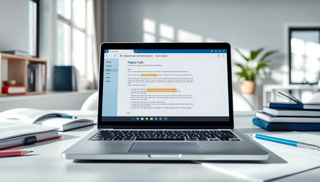 Analyze text using a plagiarism detector displayed on a laptop screen in a clean workspace.