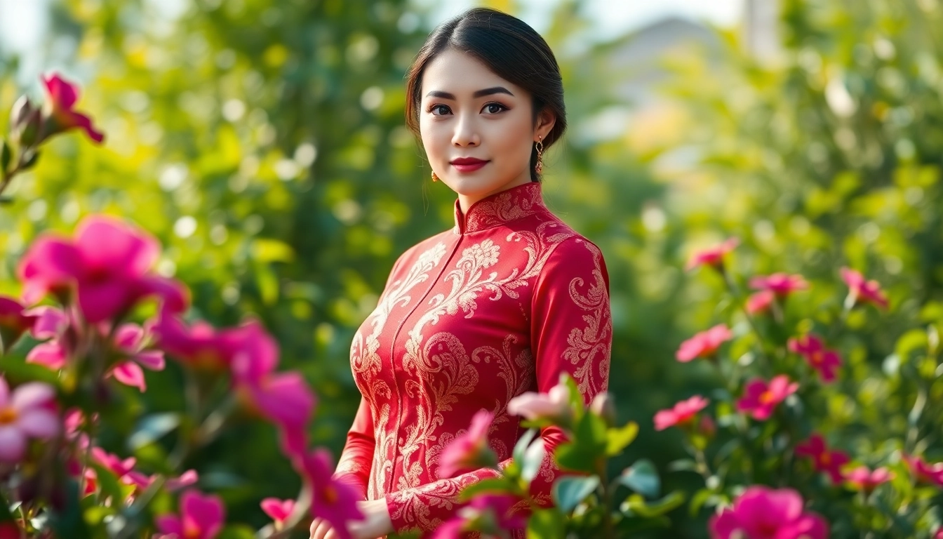 Woman in a traditional Vietnamese Áo Dài poses gracefully in a lush garden.