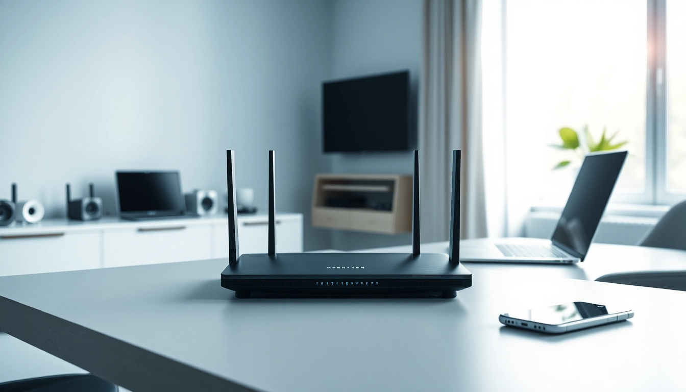 Showcasing a modern 5G Router in a minimalist home office, featuring engaged technology elements.