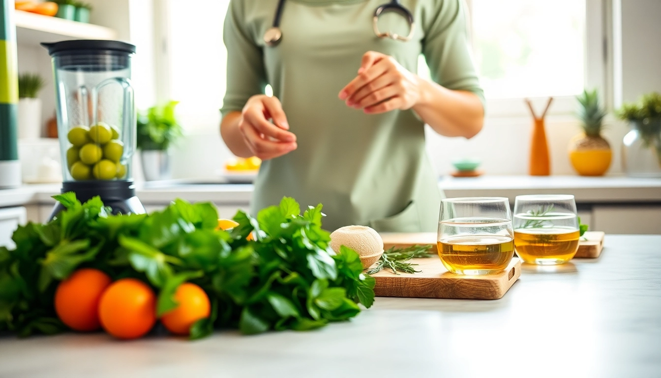 Entgiftung durch gesunde Lebensmittel und Rezepte auf einer Küchenarbeitsplatte.