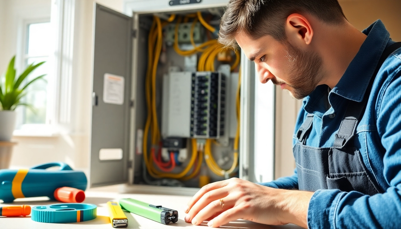 Electrician inspecting an Electrical Panel Clearwater with tools and safety gear.