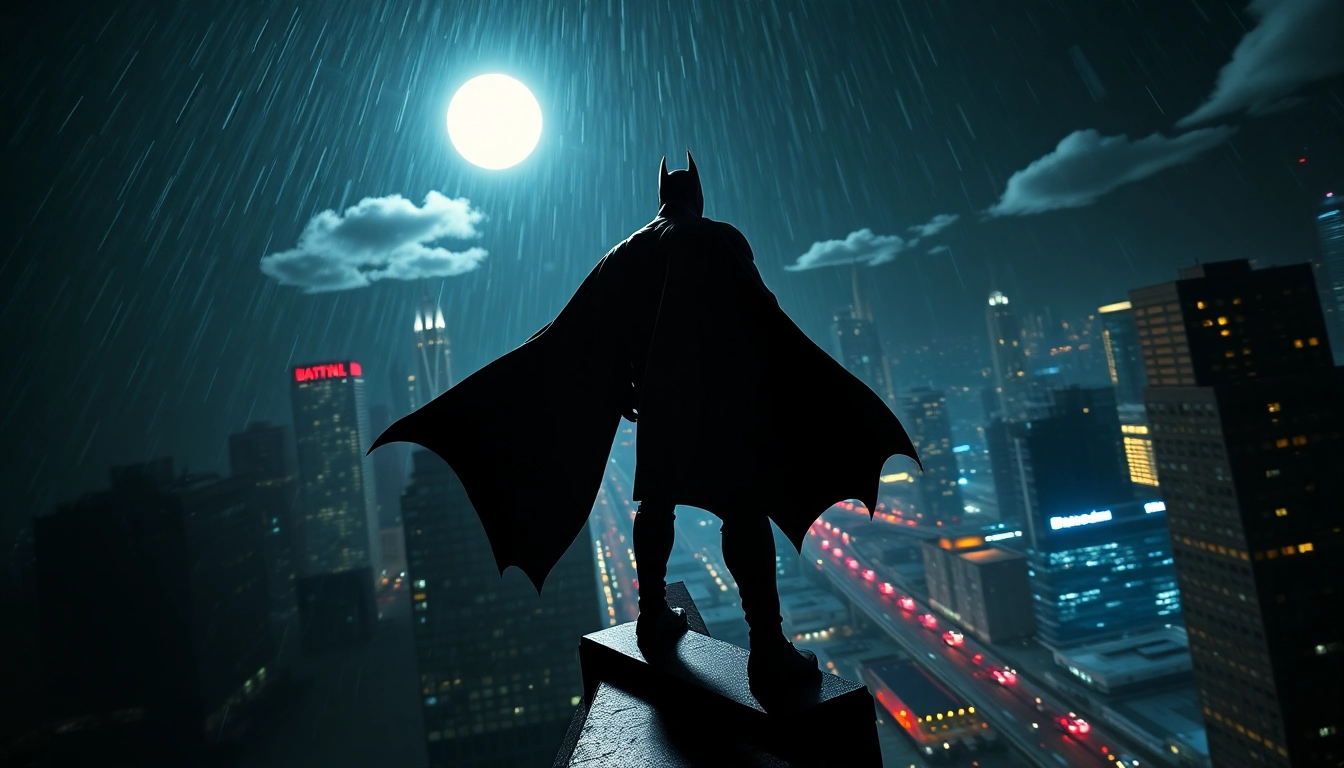Jalankan game batman138 dengan Batman yang dominan di atas gedung malam.