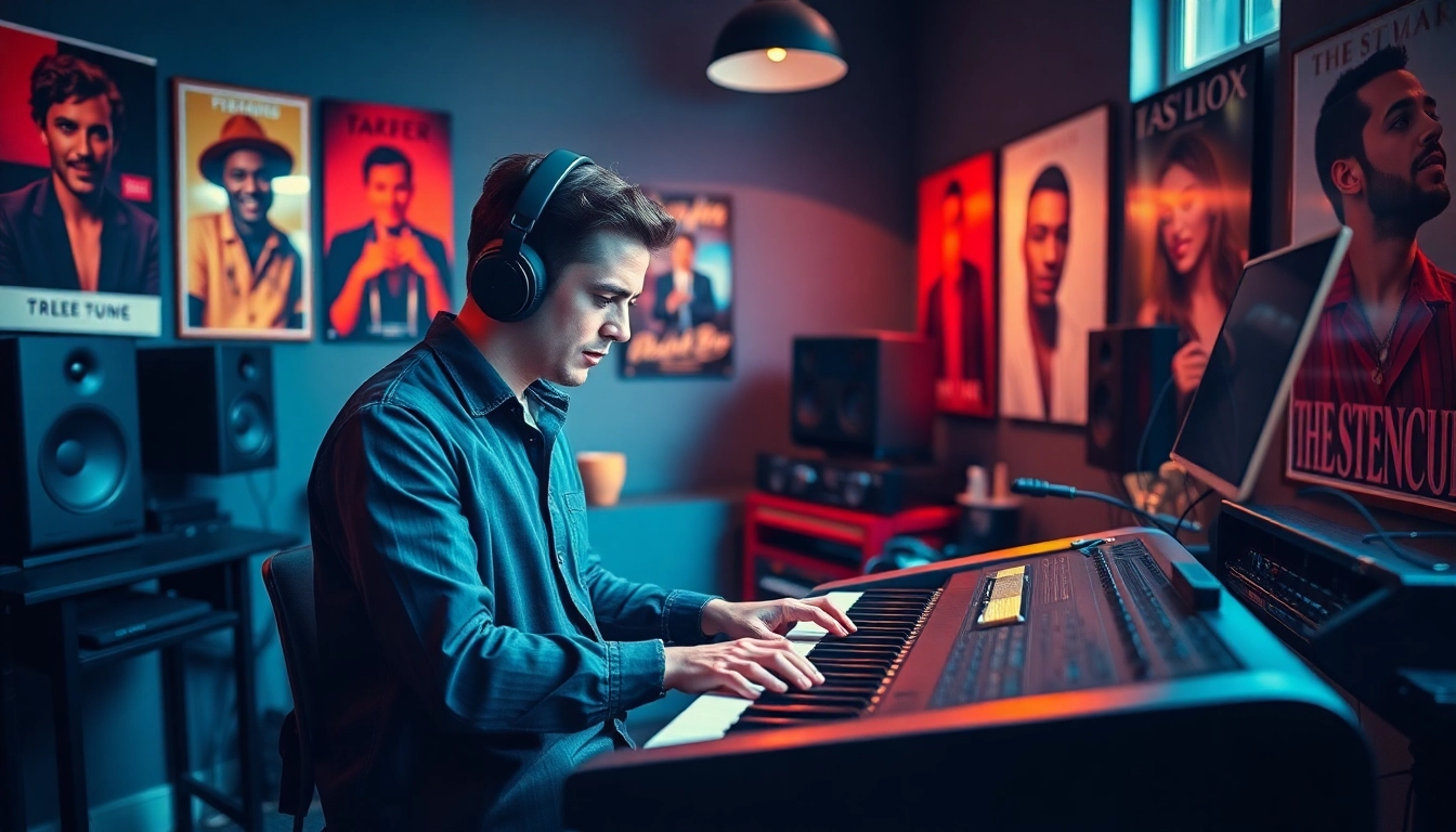 Engaging scene of music pitching focus with passionate musician composing at a studio.