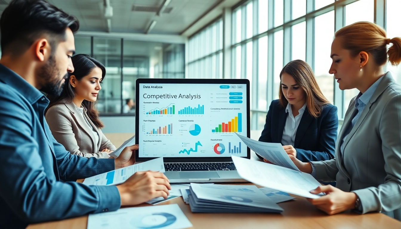 Analyze ai prompts for competitor analysis in a collaborative business environment with professionals discussing data.