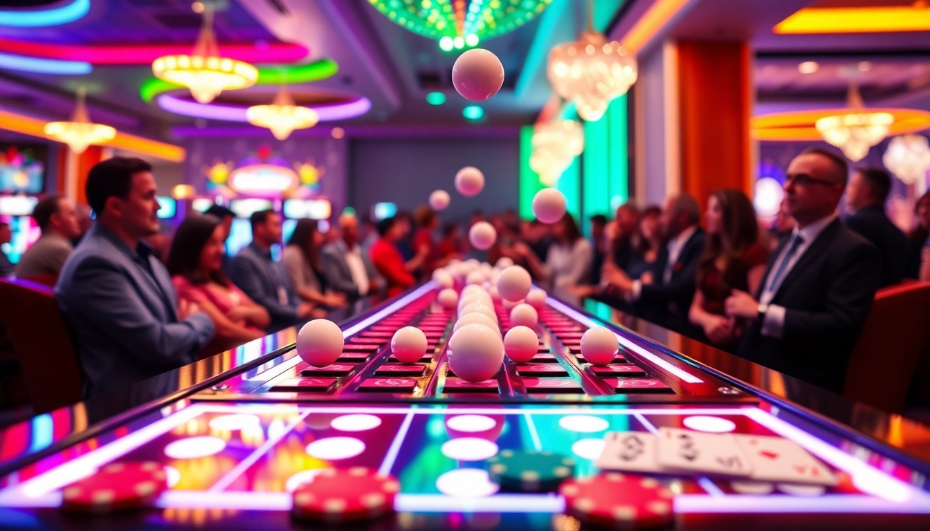 Играть в plinko на ярком игровом автомате с белыми шарами и фишками позади.