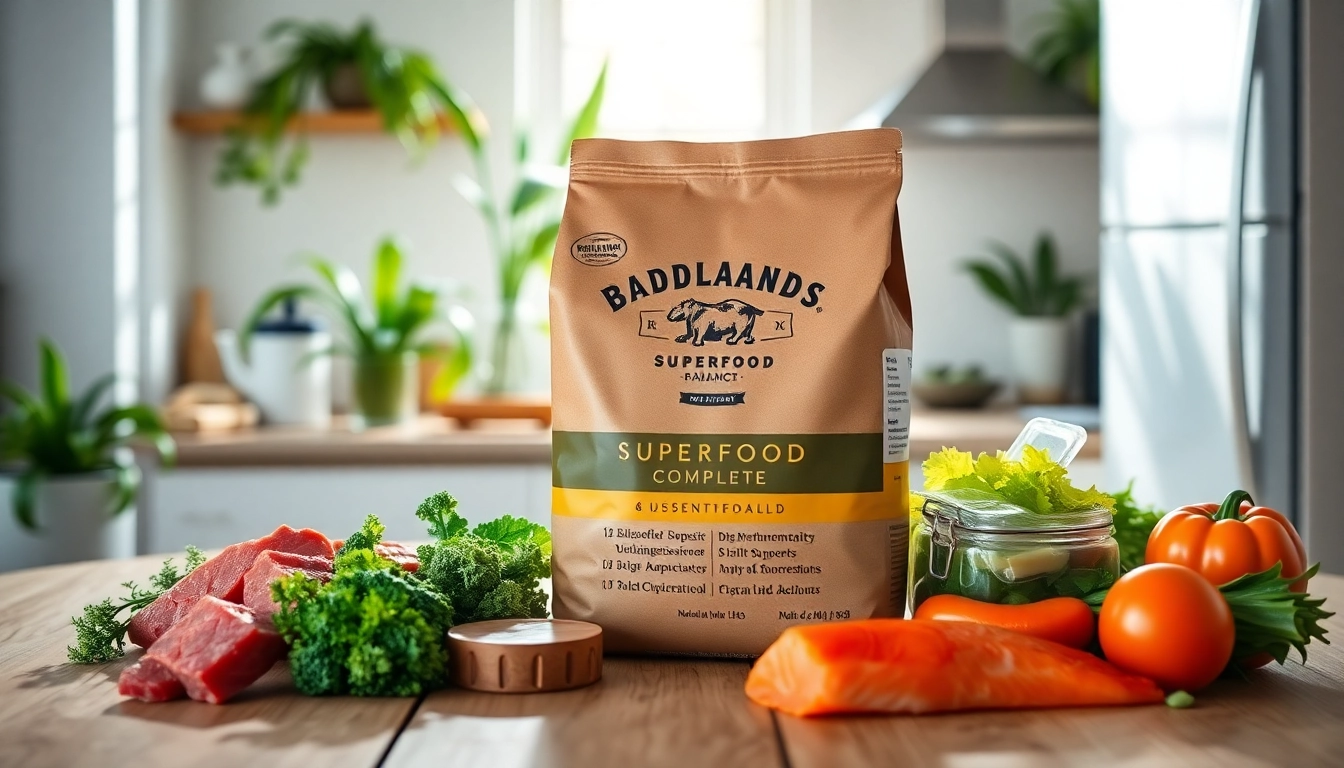 Showcasing badlands ranch superfood complete dog food package among fresh ingredients.