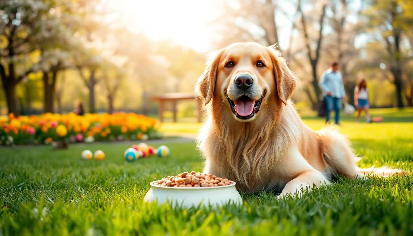 Golden retriever enjoying nature's blend dog food canada in a sunny park.