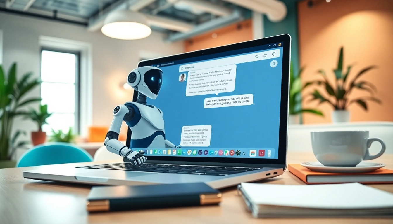 Engaging AI bot for websites in a vibrant office environment offering user support.