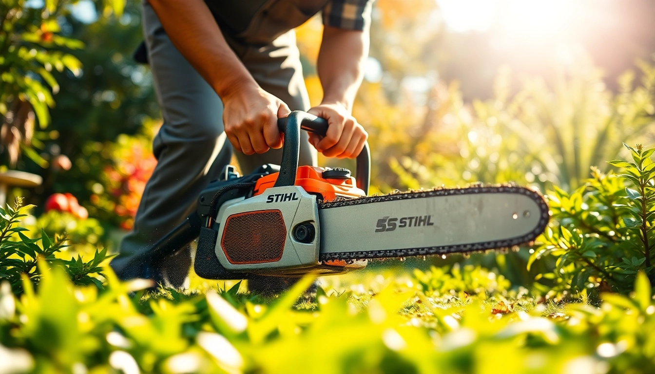 Stihl-Kettensäge wird von einem Landschaftsgestalter im Garten verwendet.