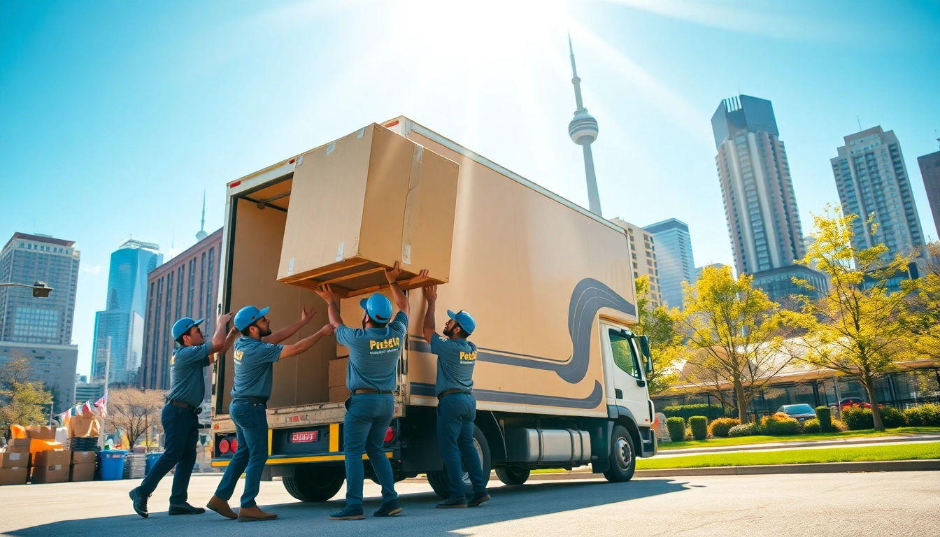 Professional movers engaged in Toronto moving with a city backdrop highlighting urban activity.