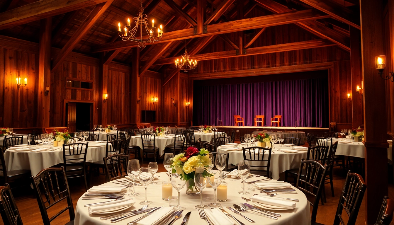 Delightful barn dinner theater setting with elegant table arrangements and stage.