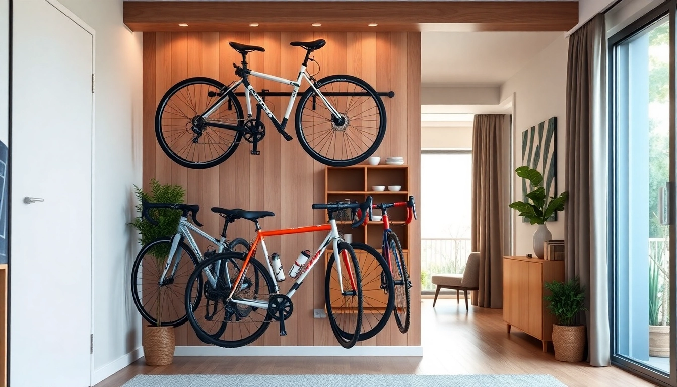 Efficient indoor bike storage solution displayed with organized bikes in a stylish apartment setting.