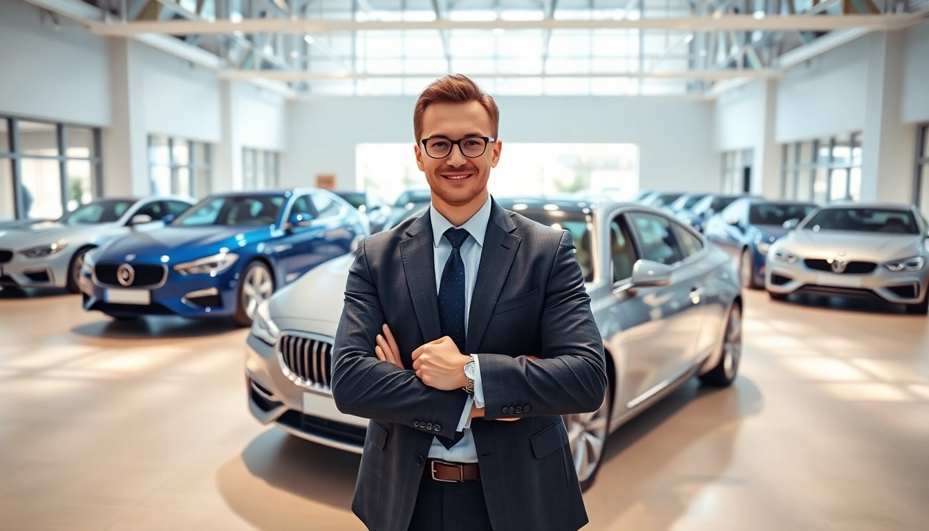 Skup samochodow Katowice - przedstawiciel car dealership w nowoczesnym biurze pokazujący używane samochody.