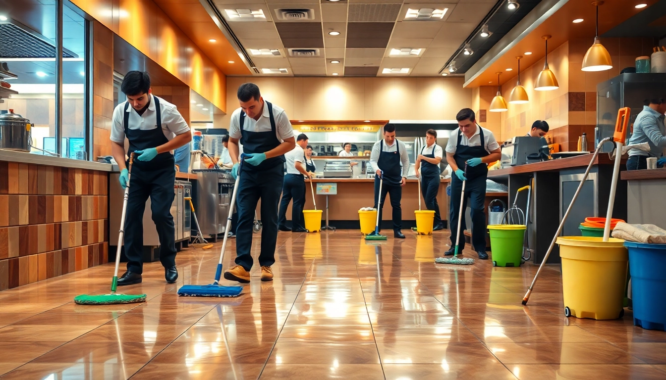 Team performing Restaurant Janitorial Cleaning service, ensuring a spotless restaurant environment.