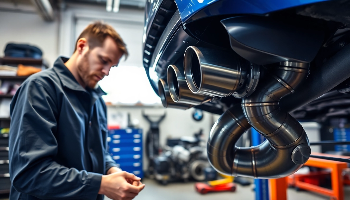 Install and inspect downpipe n55 in a professional automotive workshop.