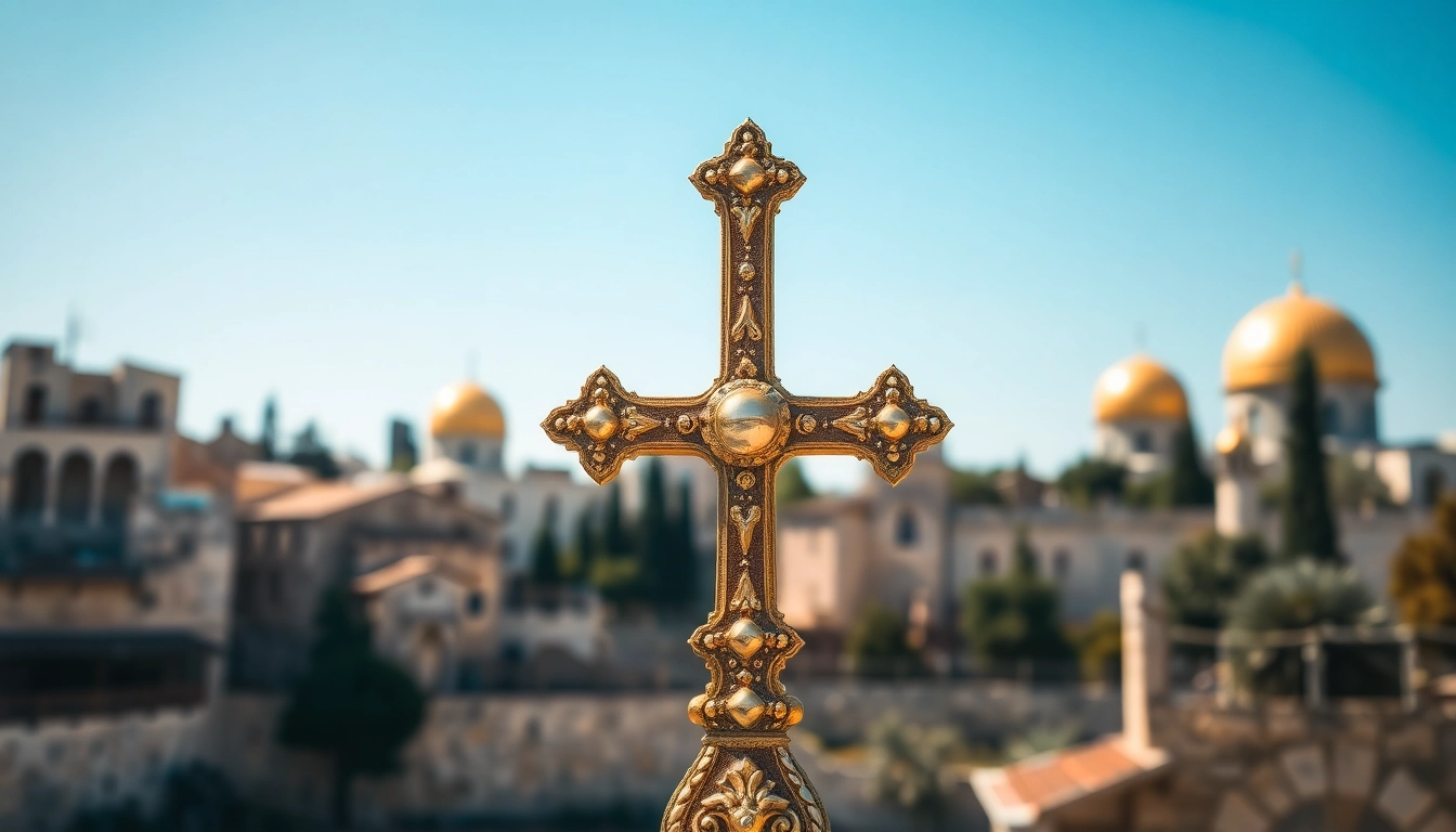 Admire intricate Jerusalem crosses highlighted against the timeless beauty of Jerusalem's skyline.