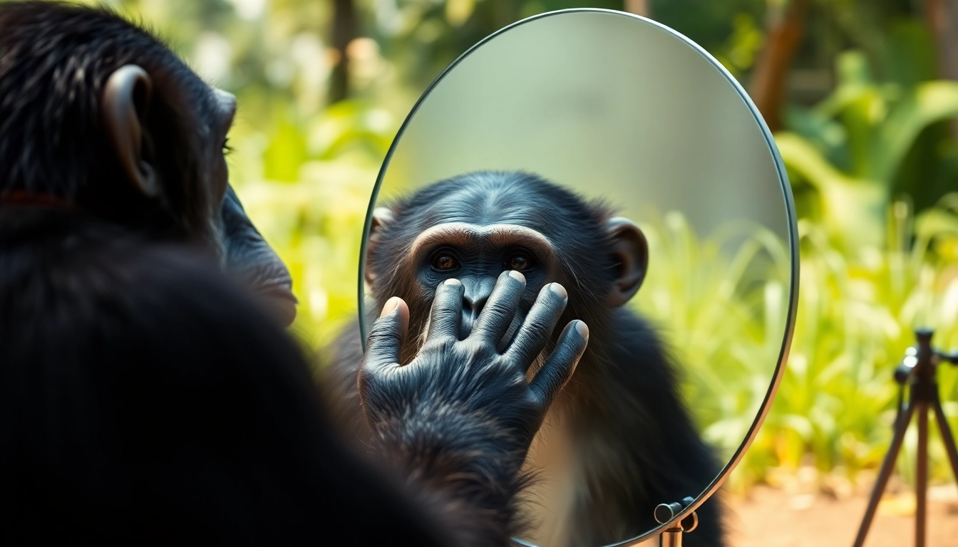 Animal mirror-testing where a chimpanzee recognizes itself in a reflective surface.