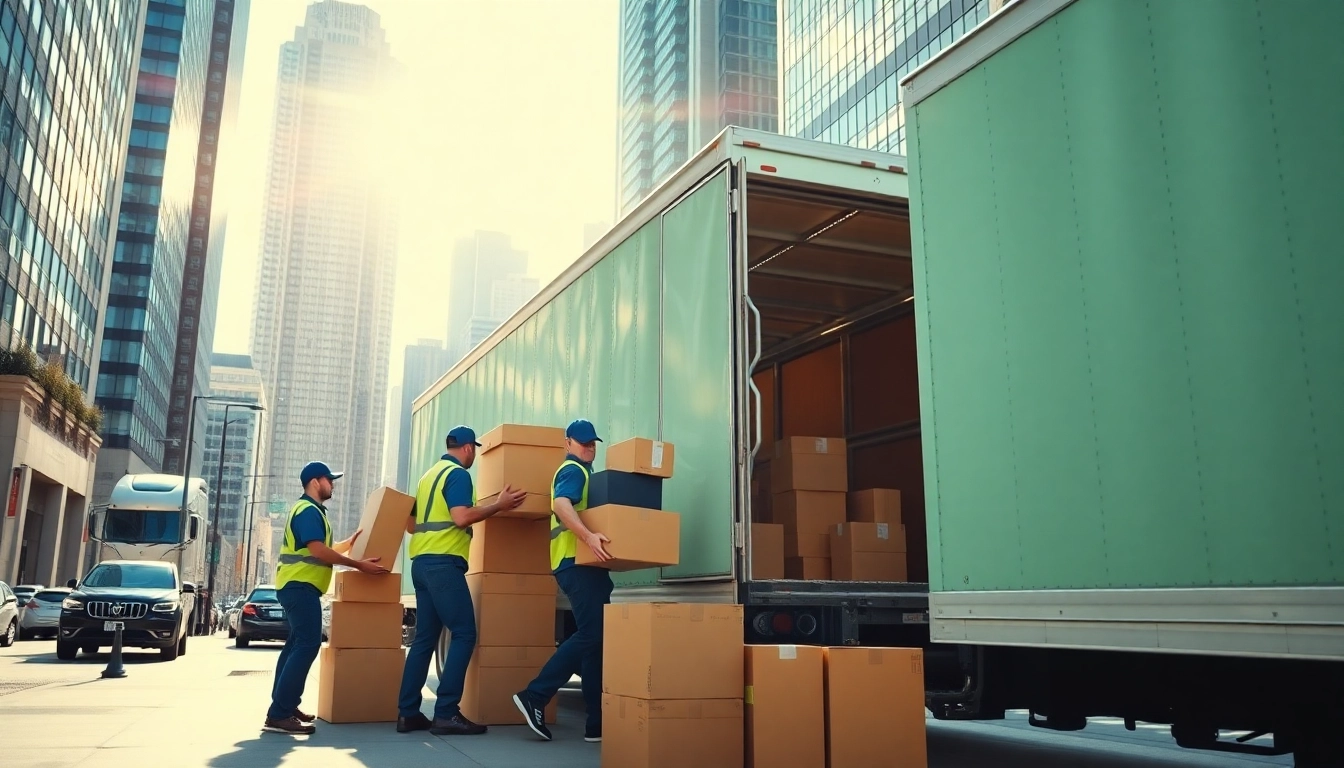 Movers Calgary loading boxes into a truck amidst a vibrant urban environment, showcasing teamwork.